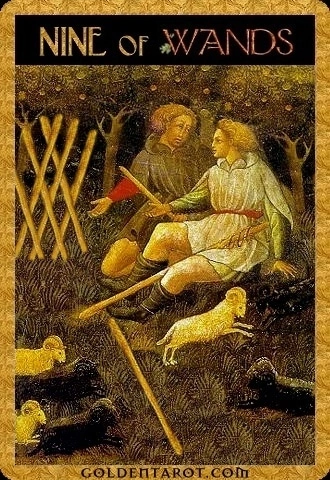 Nine of Wands card from Golden Tarot by Kat Black