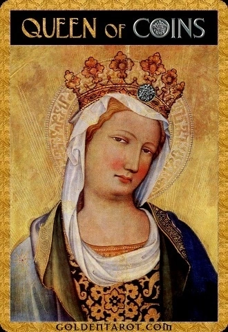 Queen of Coins card from Golden Tarot by Kat Black