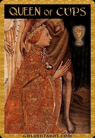 Queen of Cups card from Golden Tarot by Kat Black