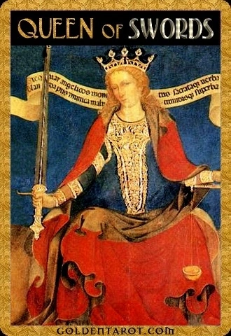 Queen of Swords card from Golden Tarot by Kat Black