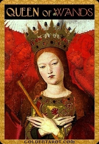 Queen of Wands card from Golden Tarot by Kat Black
