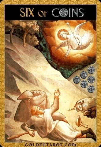 Six of Coins card from Golden Tarot by Kat Black