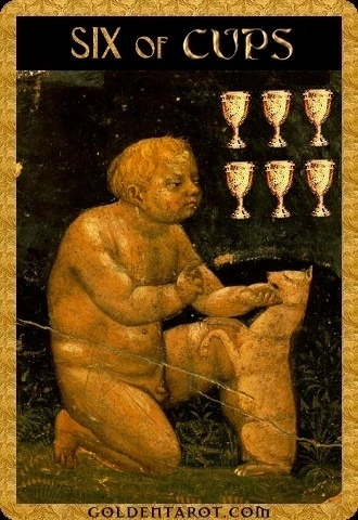 Six of Cups card from Golden Tarot by Kat Black