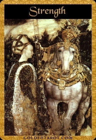 Strength card from Golden Tarot by Kat Black