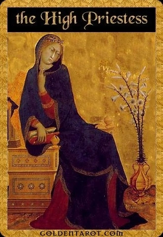 The High Priestess card from Golden Tarot by Kat Black