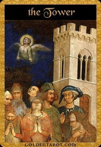 The Tower card from Golden Tarot by Kat Black