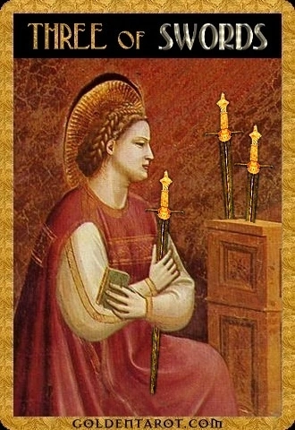 Three of Swords card from Golden Tarot by Kat Black
