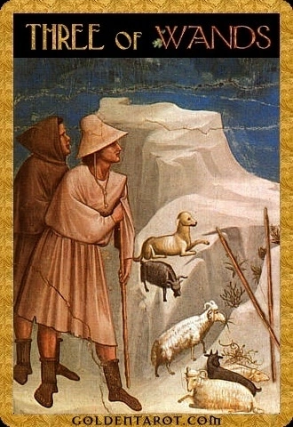 Three of Wands card from Golden Tarot by Kat Black