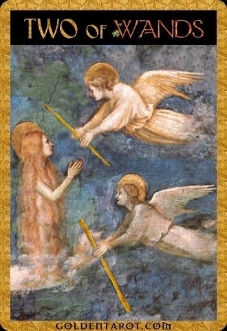 Two of Wands card from Golden Tarot by Kat Black