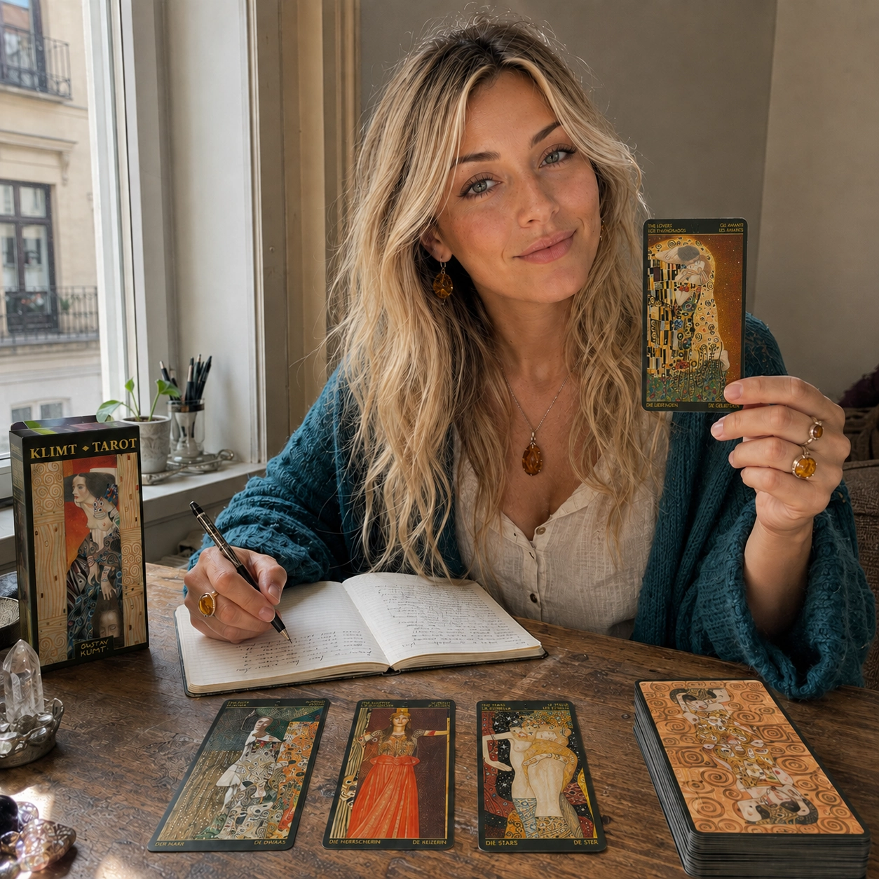 Aurica journaling with Golden Tarot of Klimt, holding The Lovers beside the deck box, a three-card spread and stacked deck