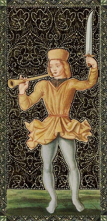 Page of Swords card from the Golden Tarot of the Renaissance deck
