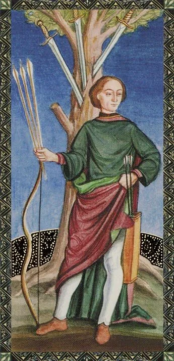 Three of Swords card from the Golden Tarot of the Renaissance deck