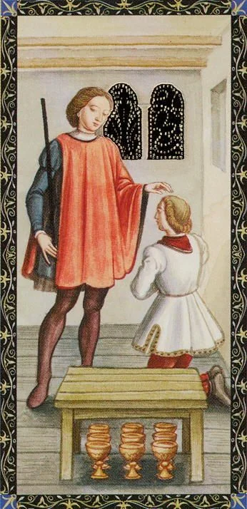 Nine of Cups card from the Golden Tarot of the Renaissance deck