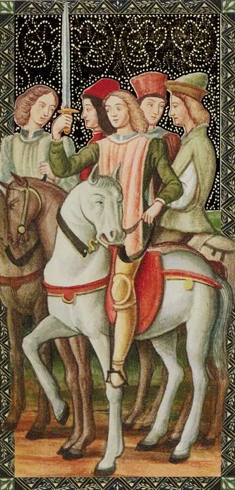 Knight of Swords card from the Golden Tarot of the Renaissance deck