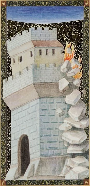 The Tower card from the Golden Tarot of the Renaissance deck