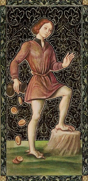 Six of Pentacles from the Golden Tarot of the Renaissance deck