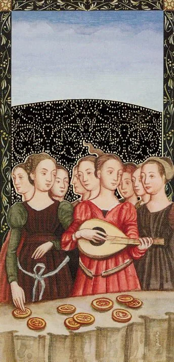 Nine of Pentacles card from the Golden Tarot of the Renaissance deck