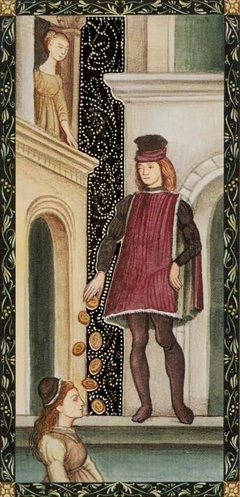 Seven of Pentacles from the Golden Tarot of the Renaissance deck
