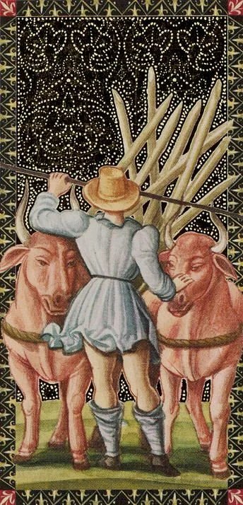 9 de bâtons from the Golden Tarot of the Renaissance deck