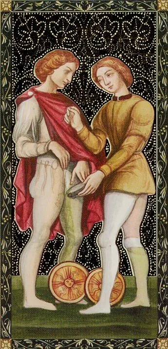 Two of Pentacles from the Golden Tarot of the Renaissance deck
