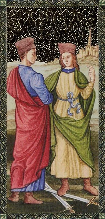 Two of Swords card from the Golden Tarot of the Renaissance deck