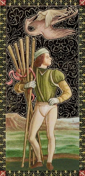 5 de bâtons from the Golden Tarot of the Renaissance deck