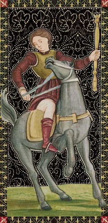 Knight of Wands card from the Golden Tarot of the Renaissance deck