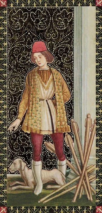 Seven of Wands card from the Golden Tarot of the Renaissance deck