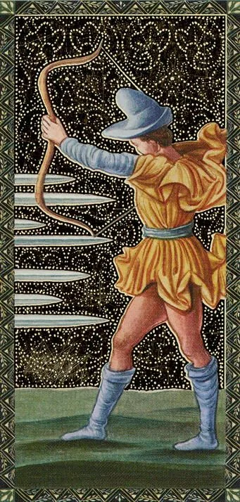 Seven of Swords card from the Golden Tarot of the Renaissance deck