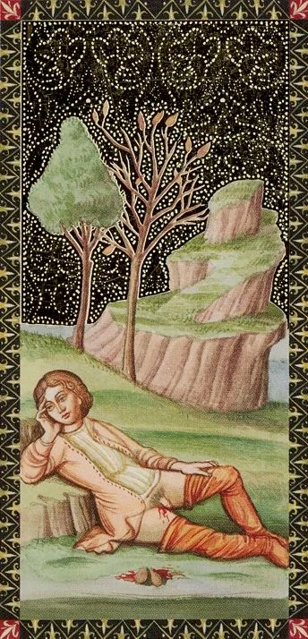 Two of Wands card from the Golden Tarot of the Renaissance deck
