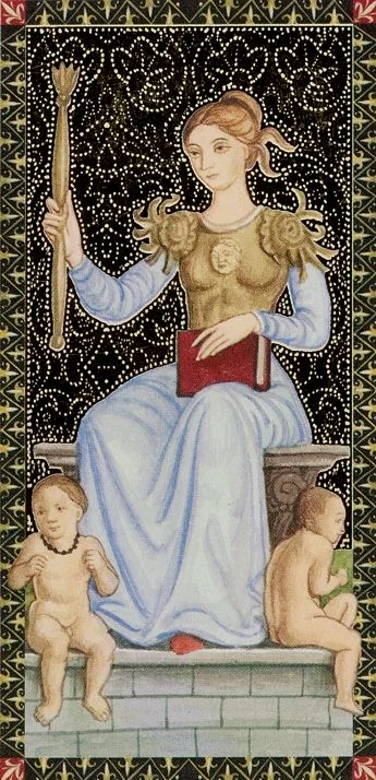 Queen of Wands card from the Golden Tarot of the Renaissance deck