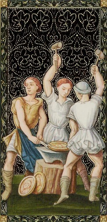 Three of Pentacles card from the Golden Tarot of the Renaissance deck