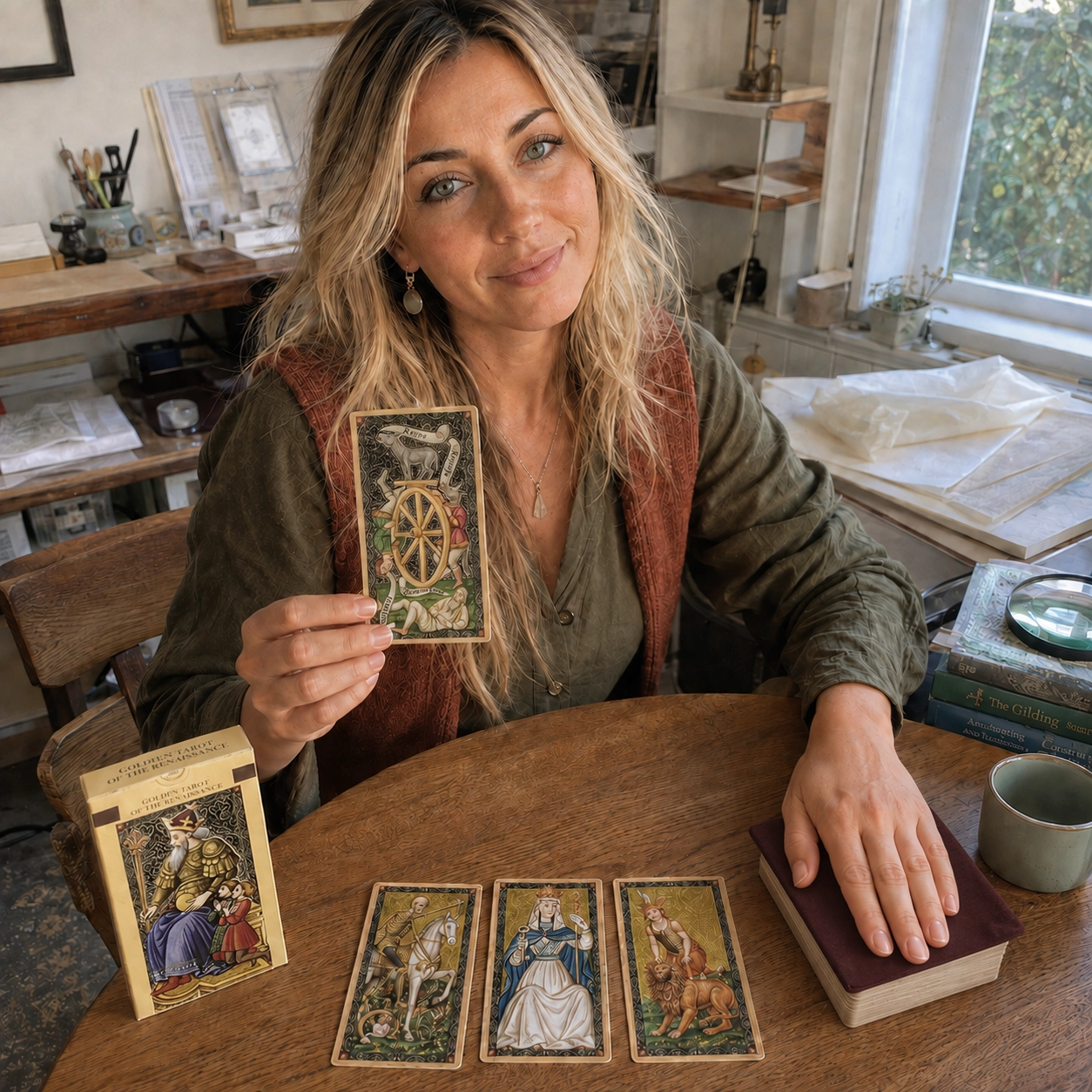 Aurica presenting the Wheel of Fortune from Golden Tarot of the Renaissance beside the exact box, a three-card spread, and the stacked deck