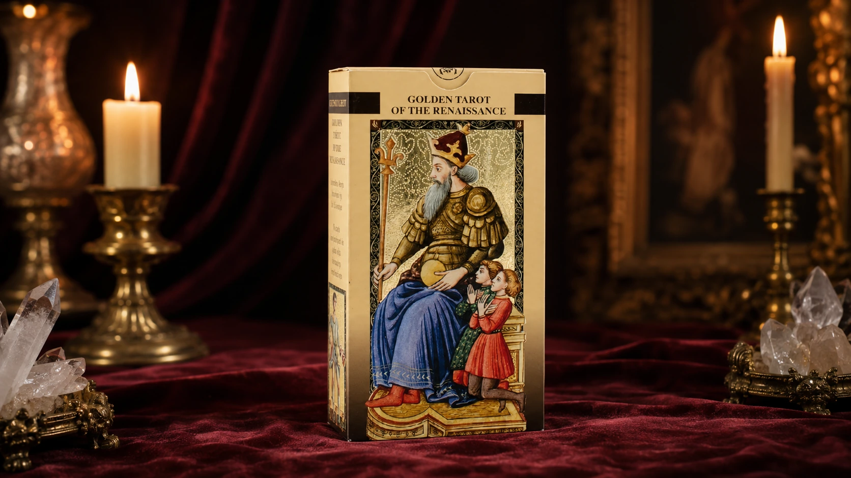 Golden Tarot of the Renaissance Deck by Lo Scarabeo on burgundy velvet with candlelight and clear quartz