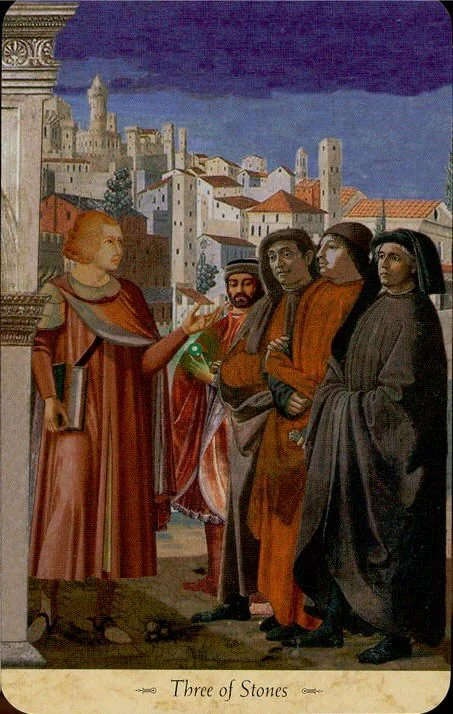 Three of Stones card from the Grail Tarot deck