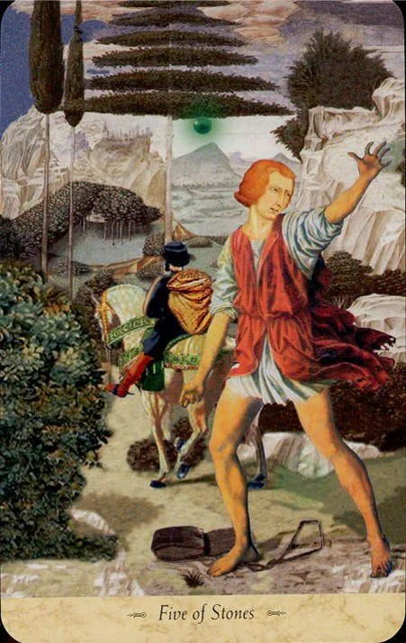 Five of Stones card from the Grail Tarot deck