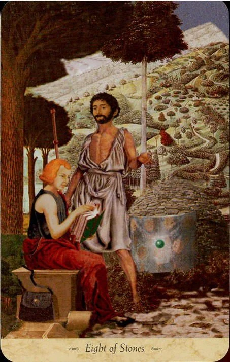 Eight of Stones card from the Grail Tarot deck