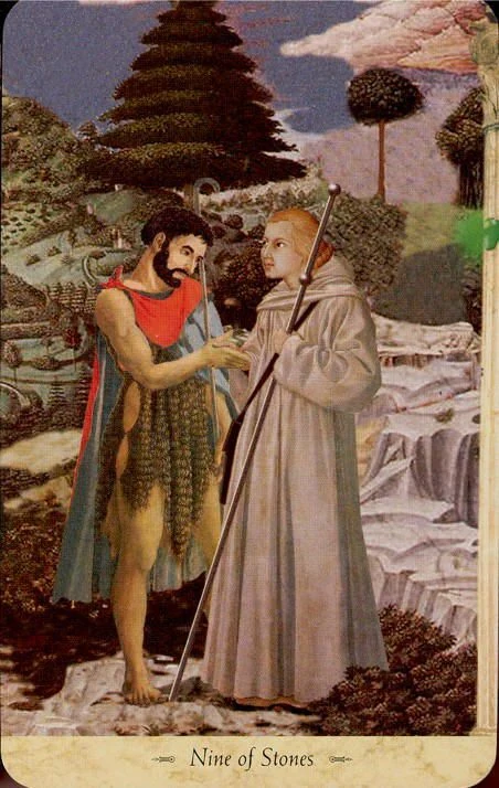 Nine of Stones card from the Grail Tarot deck