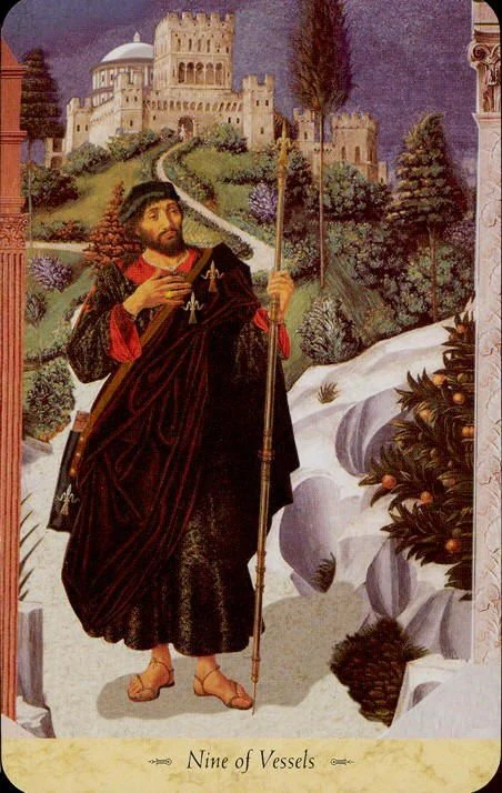 Nine of Vessels card from the Grail Tarot deck