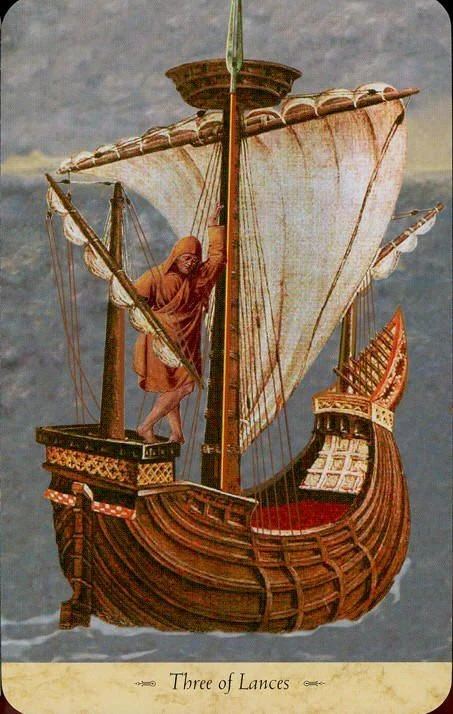 Three of Lances card from the Grail Tarot deck