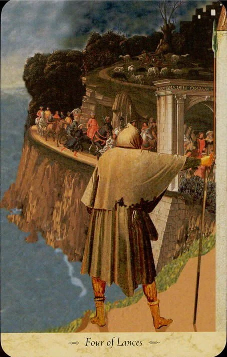 Four of Lances card from the Grail Tarot deck