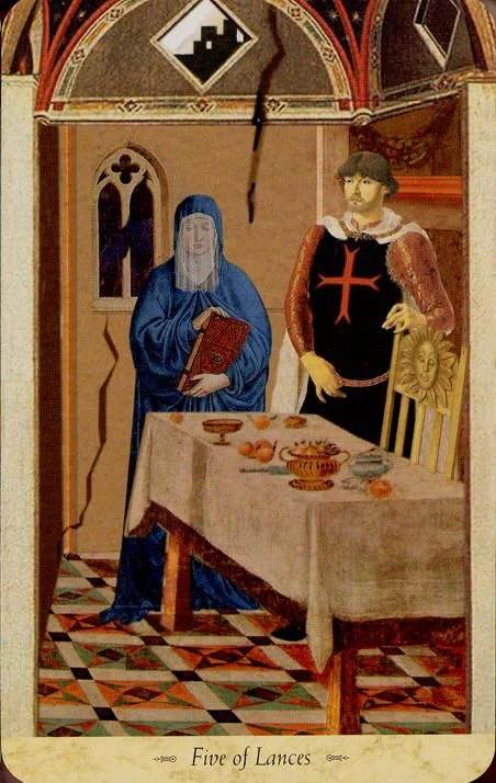 Five of Lances card from the Grail Tarot deck