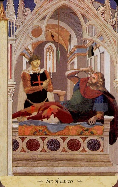 Six of Lances card from the Grail Tarot deck