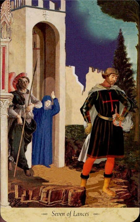 Seven of Lances card from the Grail Tarot deck