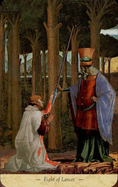 Eight of Lances card from the Grail Tarot deck