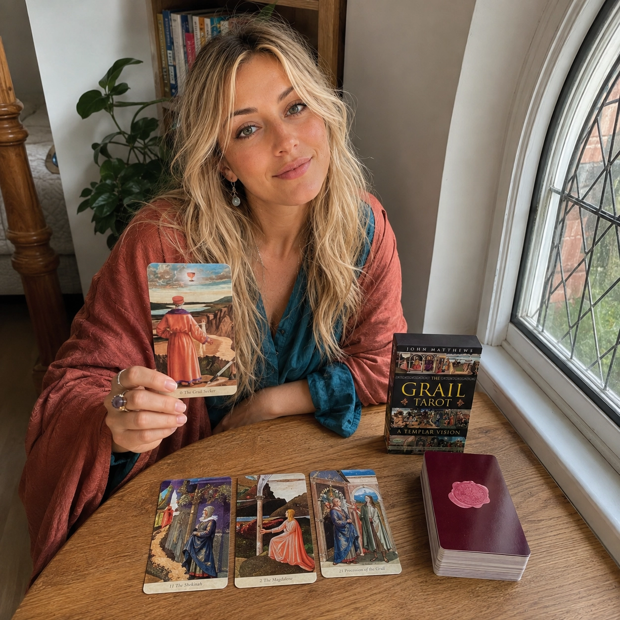 Aurica presenting The Grail Seeker from Grail Tarot beside its box, three-card spread, and stacked deck
