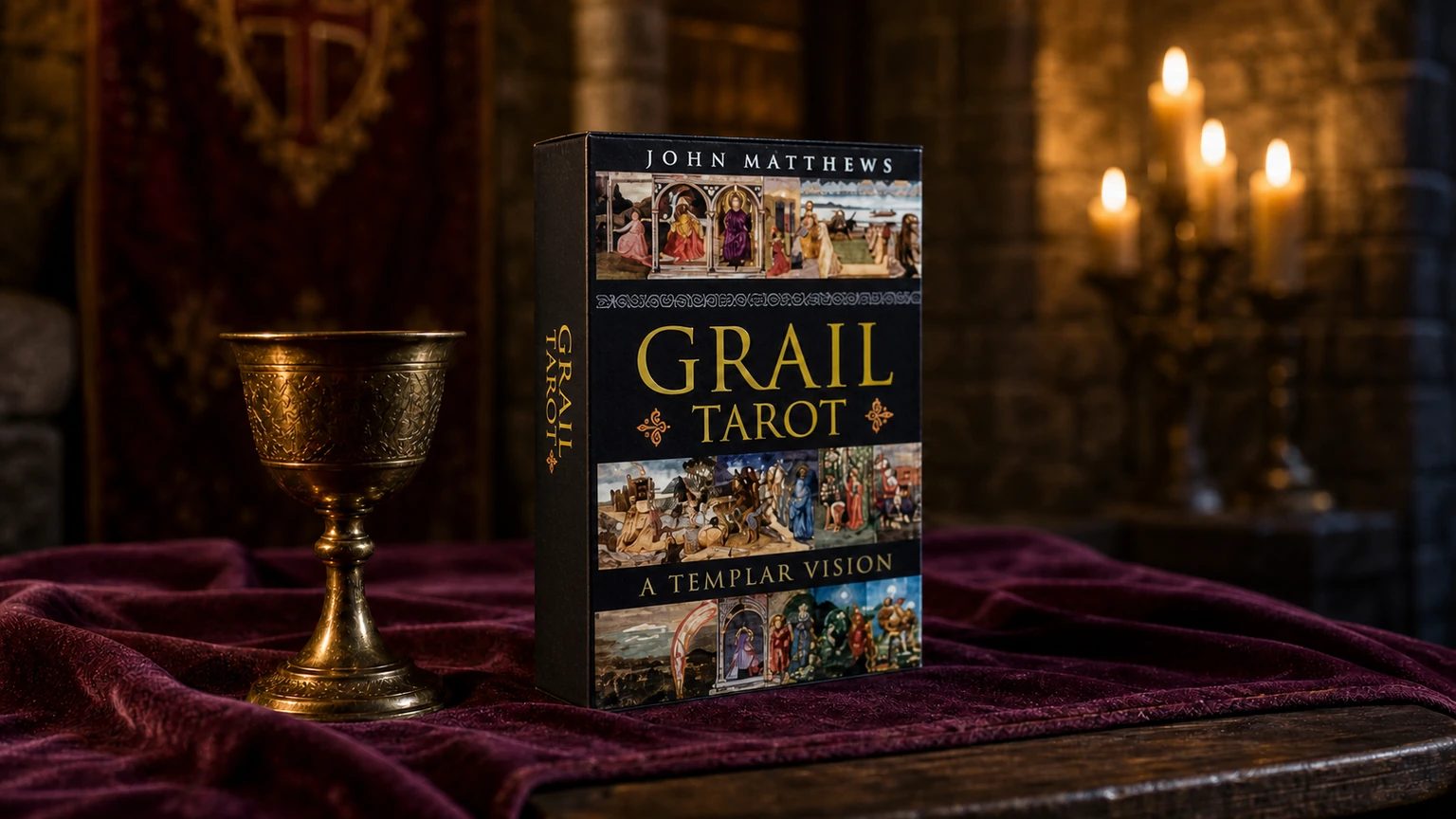Grail Tarot Deck by John Matthews and Giovanni Caselli in a candlelit medieval product scene