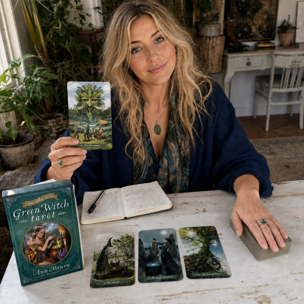 Aurica presenting The Greenman from Green Witch Tarot beside its box, three-card spread, and stacked deck