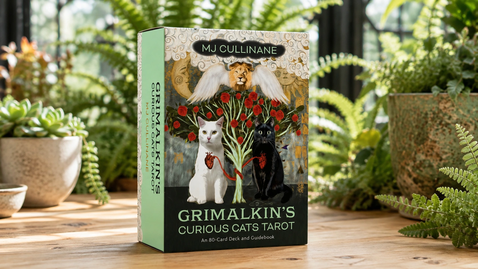 Grimalkin’s Curious Cats Tarot Deck by MJ Cullinane, generated product scene in a sunlit conservatory