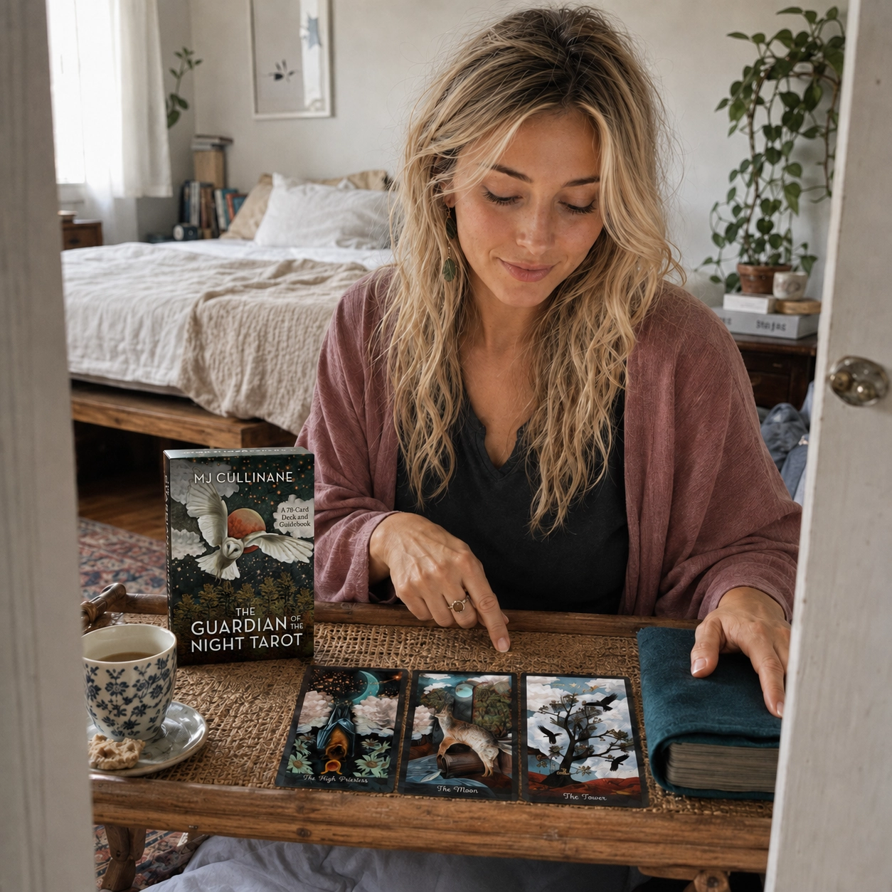 Aurica comparing Guardian of the Night Tarot cards beside the owl deck box and covered stacked deck